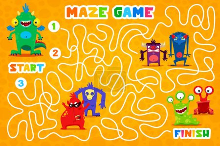 Ilustración de Labyrinth maze monster characters. Kids vector board game with tangled path, start, finish and cartoon personages. Children riddle help mutant meet his friend. Quiz boardgame for preschool activity - Imagen libre de derechos
