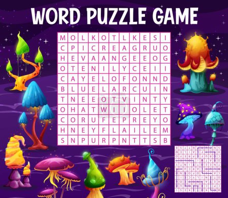 Illustration for Find color of alien magic mushrooms caps, word search puzzle, vector quiz game worksheet. Kids riddle grid to search and find word of luminous mushroom colors in magic forest of toadstools - Royalty Free Image