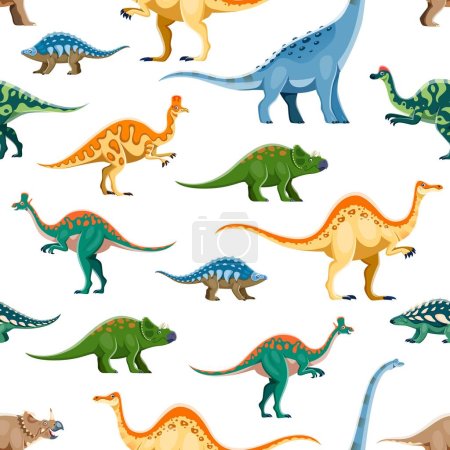 Illustration for Cartoon dinosaur characters seamless pattern. Fabric print, wrapping paper vector pattern with Panoplosaurus, Titanosauria, Hypacrosaurus, Corythosaurus and Avaceratops, Lambeosaurus cute personages - Royalty Free Image
