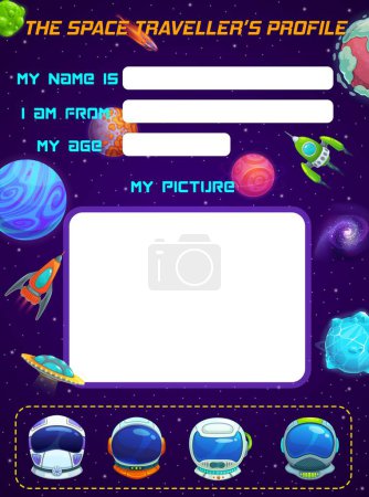 Téléchargez les illustrations : Astronaut profile form, questionnaire. Photo booth. Vector template with cosmonaut helmets, photo frame and space for personal information, name, age and address. Game or adventure list or blank - en licence libre de droit
