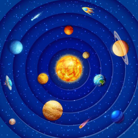 Ilustración de Sistema solar de corte de papel. Planetas espaciales de galaxias de dibujos animados. Vuelo del sistema solar, viajes espaciales, descubrimiento de galaxias fondo de pantalla, 3d vector telón de fondo con Sol, Tierra, Saturno, Urano y Venus, Marte, planetas Neptuno - Imagen libre de derechos