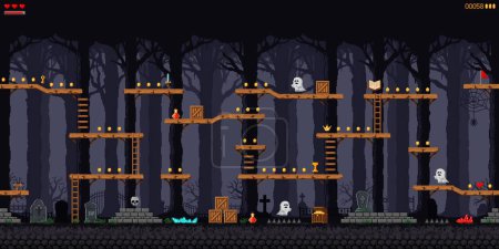 Illustration for Night forest and cemetery game level screen interface. Computer vintage video game vector backdrop or mobile arcade screen. Retro gaming app scenery with jumping platform, ghost and golden coins - Royalty Free Image