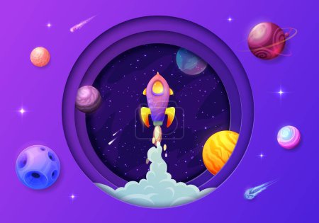Illustration for Space paper cut. Rocket launch, galaxy planets and stars. Space travel, galaxy exploration adventure papercut vector wallpaper or background with taking off starship rocket, cartoon planets and stars - Royalty Free Image