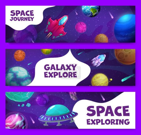 Téléchargez les illustrations : Cartoon space banners with futuristic cosmic engines and ufo saucers flying in starry galaxy landscape with planets and asteroids. Horizontal vector cards, bookmarks with extraterrestrial spaceships - en licence libre de droit