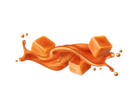 Illustration for Caramel sauce wave flow splash with toffee. Realistic 3d vector sweet liquid swirl, cube candy pieces and splashing droplets. Isolated brown melt toffee stream with splatters dynamic motion for ads - Royalty Free Image