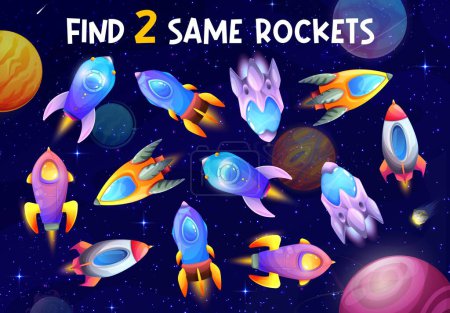Ilustración de Kids game find two same rocket spaceships. Cartoon vector educational children riddle worksheet search similar starship or cosmic engine in space or galaxy landscape with planets, comets and stars - Imagen libre de derechos