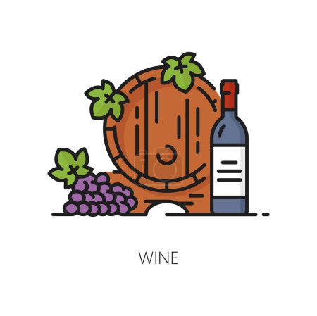Téléchargez les illustrations : Argentine icône de ligne de couleur du vin. Bouteille vectorielle et bouquet de raisins et feuilles vertes sur tonneau en bois. Vecteur produit vinicole argentin, enseigne vinicole - en licence libre de droit