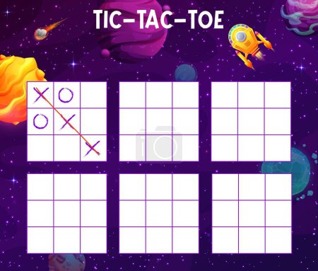 Ilustración de Tic tac toe game galaxy space landscape with spaceship. Kids vector board game worksheet with cosmic engine flying in Universe. Family boardgame, educational children riddle, test with cartoon shuttle - Imagen libre de derechos