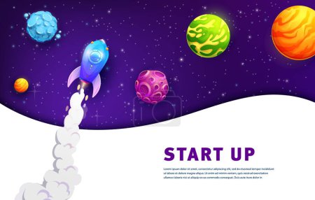 Illustration for Space landing page, business start up, spaceship and planets. Vector web banner for startup, project launch or product presentation. Cartoon spacecraft starting in Universe, successful idea booster - Royalty Free Image