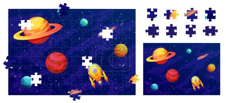Illustration for Jigsaw puzzle space game pieces. Spaceship, galaxy planets and stars. Vector logic worksheet find missing detail of picture. Quiz page for kids, brain teaser task for developing attentiveness and mind - Royalty Free Image