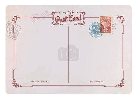 Illustration for Valentine day antique postcard, retro postage stamp and vintage mail. Vector grunge paper romantic background reverse, love letter, old postal card with worn aged texture and ornate frame - Royalty Free Image