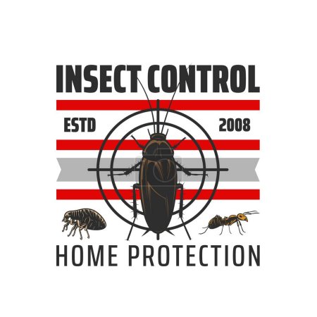 Téléchargez les illustrations : Insect control icon, extermination and pest control disinsection service, vector emblem. Home disinfection and protection against cockroach, flea ticks and ants, pest control sanitary insecticide - en licence libre de droit