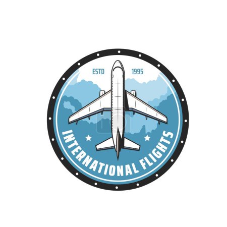 Téléchargez les illustrations : International flights icon, airline tours and airplane travel flights vector emblem. Aviation academy, aviator pilot school and avia tourism badge for international flights and charter tickets booking - en licence libre de droit
