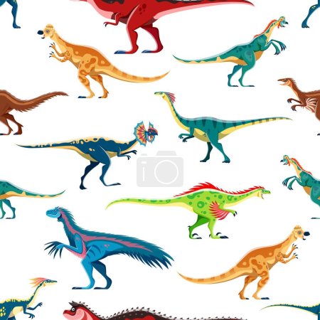 Illustration for Dinosaur cartoon characters seamless pattern. Fabric vector backdrop or print with Pachycephalosaurus, Oviraptor, Dilophosaur and Gallimimus, Raptor, Therizinosaurus dinosaurs comical personagesa - Royalty Free Image