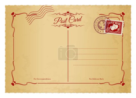 Illustration for Valentine day antique postcard, retro postage stamp and vintage mail. Vector template of festive postal card for Valentines holiday celebration, beige back side with lines and grungy sepia background - Royalty Free Image