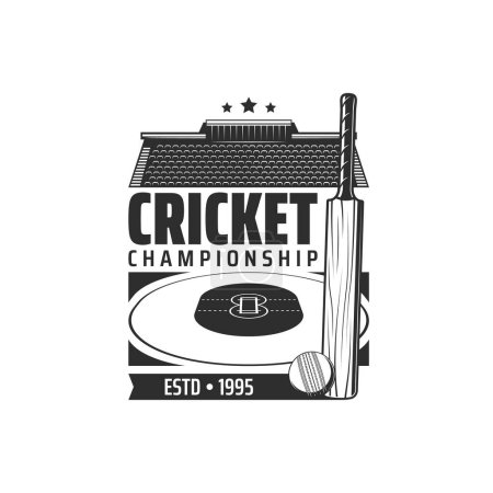 Illustration for Cricket sport stadium and field icon. Cricket clubs champions, sport tournament monochrome vector icon, retro symbol or engraved emblem with competition arena, wooden bat and ball - Royalty Free Image
