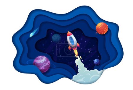 Téléchargez les illustrations : Space paper cut galaxy planets and rocket launch. Cartoon vector 3d wavy double exposition frame with spaceship takeoff into starry galaxy with planets, stars and asteroids. Shuttle travel in Universe - en licence libre de droit