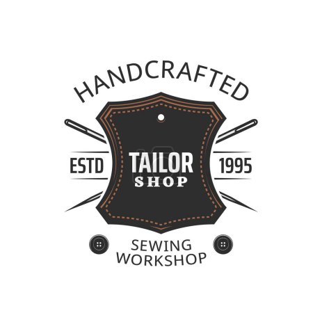 Téléchargez les illustrations : Tailor shop icon, handcrafted sewing workshop or atelier dressmaker vector symbol. Tailoring service and seamstress or clothing repair workshop sign with leather label, needles and buttons - en licence libre de droit