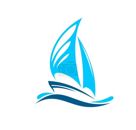 Téléchargez les illustrations : Icône de bateau de bateau, emblème vectoriel isolé avec bateau nautique bleu avec voiles sur les vagues de mer. Label pour club de sport à voile, voyage maritime, tourisme en voilier océanique, enseigne de bateau de transport maritime - en licence libre de droit