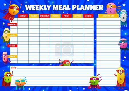Téléchargez les illustrations : Weekly meal planner. Cartoon cheerful superhero vitamin characters. Healthy food week calendar, kitchen cooking weekly vector schedule organizer with C, H, B and E, N, K vitamins defender personages - en licence libre de droit