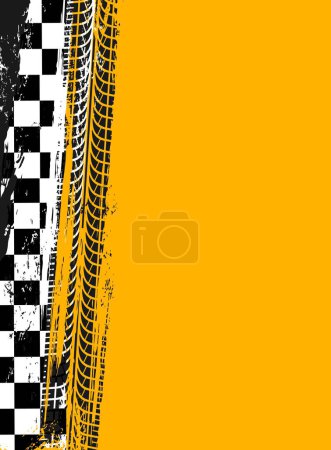 Illustration for Grunge race sport flag background. Vector racing tire tracks and checkered rally banner with grungy scratchy effect. Off road tyre prints, black car treads, spots or marks and white or yellow backdrop - Royalty Free Image