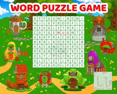 Téléchargez les illustrations : Word search puzzle game. Cartoon fairytale house buildings. Vector crossword brainteaser worksheet, kids quiz grid with strawberry, cabbage, boot and eggplant, apple, windmill, teacup and pear homes - en licence libre de droit
