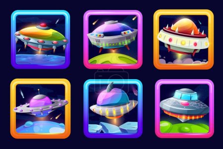 Illustration for Cartoon ufo space game app icons. Vector alien saucers ui or gui menu elements for application interface. Futuristic fantasy cosmic engines inside of square frames, galaxy buttons set - Royalty Free Image