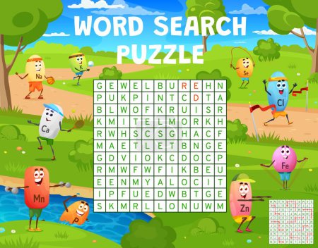 Illustration for Word search puzzle game. Cartoon micronutrient sportsman characters. Child crossword puzzle, children wordsearch quiz grid vector worksheet with doing exercises Na, Ca, Mn and Zn, Fe, Se vitamins - Royalty Free Image