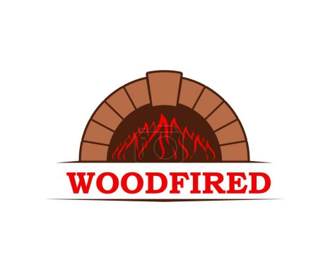 Illustration for Fireplace, firewood chimney and hearth vector icon. Emblem with fire place, burning flame inside and woodfired typography. Heating home equipment, restaurant, pizza house or bakery isolated label - Royalty Free Image