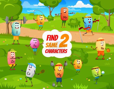 Illustration for Find two same cartoon vitamin sportsman characters. Objects compare kids playing activity, same picture finding puzzle vector worksheet with Se, Zn, Ca and Mg, K vitamins hero pill cheerful personages - Royalty Free Image