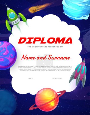 Illustration for Kids astronaut diploma. Cartoon galaxy landscape, spaceship, comet and planets. Elementary school children graduation diploma, child appreciation vector award or certificate with rockets in galaxy - Royalty Free Image