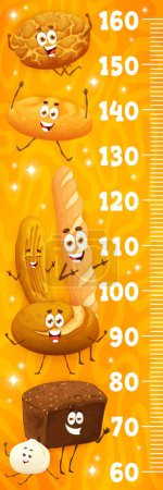 Illustration for Kids height chart ruler. Cartoon bakery, pastry and bread characters. Children growth meter, height measure vector ruler scale with tiger, rye and brod bread, baguette, barbari, mantou cute personages - Royalty Free Image