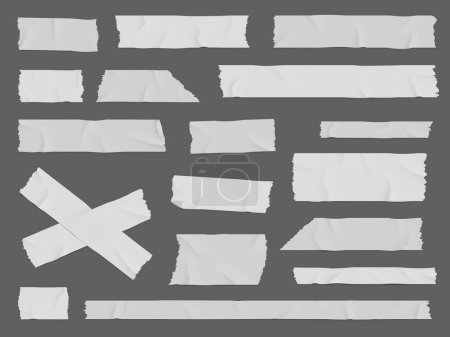 Ilustración de White adhesive or duct tape crumpled stripes. Realistic 3d vector scotch patches, sticky paper strips. Isolated plaster masking pieces with torn edges, ripped wrinkled band for package wrap - Imagen libre de derechos