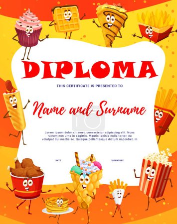 Illustration for Kids diploma. Cartoon funny fast food characters. School children achievement vector diploma or certificate with popcorn, chicken legs, egg waffles, cupcake and hotdog, french fries funny personages - Royalty Free Image