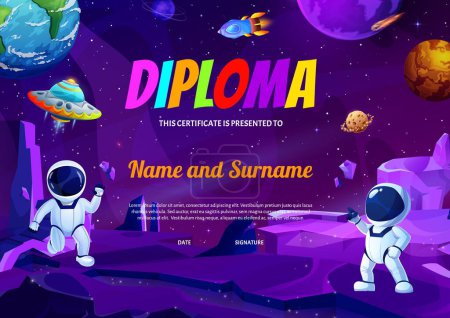 Illustration for Kids diploma cartoon space landscape with planets and astronauts. Educational school honor certificate, vector graduation border with funny cosmonauts, ufo saucer and rocket, award frame template - Royalty Free Image