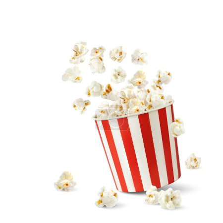Téléchargez les illustrations : Popcorn flakes and bucket. Realistic pop corn container. Vector mock up of white and red cardboard cup with flying out and scatter snack seeds. Isolated striped 3d paper box with fast food for cinema - en licence libre de droit