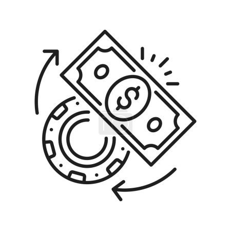 Ilustración de American dollar and coin, empty golden money sign, cash or treasure exchange outline icon. Vector jackpot win, money changing on stacks - Imagen libre de derechos