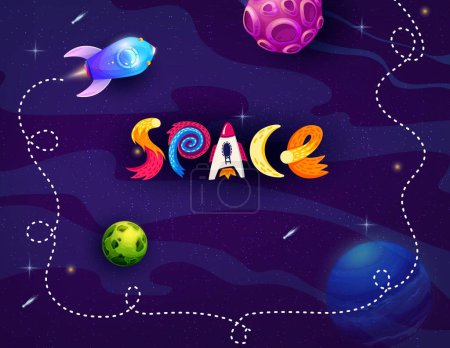 Illustration for Cartoon space background, rocket and stars. Vector rocket flying in galaxy or Universe. Shuttle and creative childish typography in blue starry sky. Cosmos exploration, investigation childish theme - Royalty Free Image