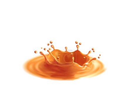 Illustration for Corona crown caramel sauce splash. Vector liquid candy splashing with flying droplets. Realistic brown melt toffee syrup stream, 3d dynamic molten dessert drip for advertising promotion - Royalty Free Image