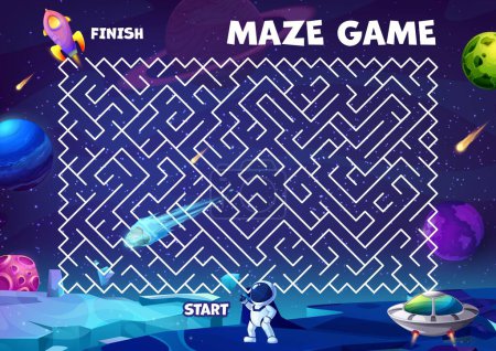 Téléchargez les illustrations : Space labyrinth maze. Help to astronaut find a rocket. Kids vector worksheet with cosmonaut search way to spaceship in galaxy. Board game with path, start and finish on cosmic landscape riddle, test - en licence libre de droit