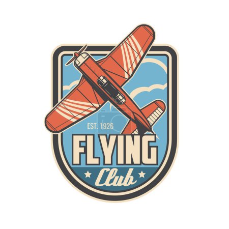 Téléchargez les illustrations : Flying club icon, aviator sport club vector symbol with retro airplane in flight. Aviation academy and pilots training club badge with propeller plane flying in sky clouds, aviation sport sign - en licence libre de droit