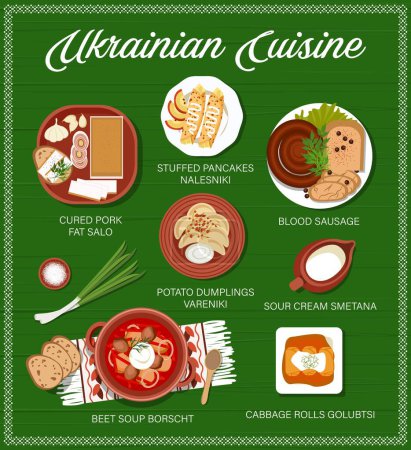 Illustration for Ukrainian cuisine meals menu with traditional food dishes. Vector vegetable meat soup borscht with cured lard salo and blood sausages, stuffed pancakes, cabbage rolls golubtsi and potato dumplings - Royalty Free Image