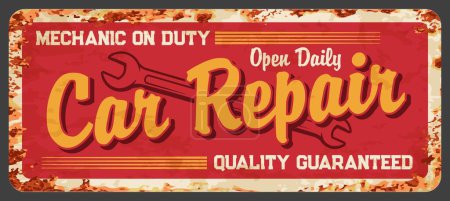 Illustration for Vintage car repair service rusty plate. Automobile maintenance shop, car repair center or mechanic garage station vector rusty plate or banner. Vehicle spare parts shop grunge tin sign with wrench - Royalty Free Image