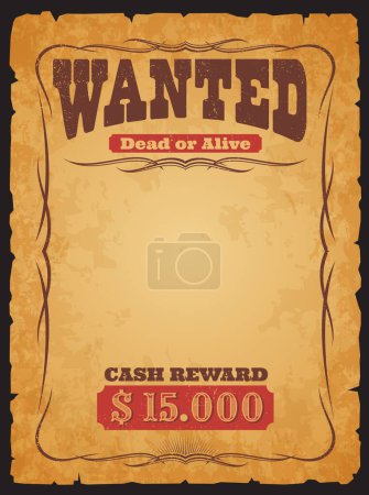 Téléchargez les illustrations : Western wanted banner. Dead or alive vintage poster. Outlaw catch reward message, criminal wanted vector retro banner, sheriff or justice grunge frame, poster with old and torn parchment paper sheet - en licence libre de droit