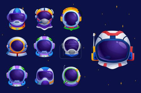 Illustration for Astronaut space helmets, isolated cartoon vector cosmonaut props elements or masks with hole for face for kids party or funny photo booth. Cute cosmic headwear set in far galaxy sky with glowing stars - Royalty Free Image