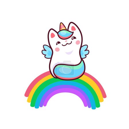 Ilustración de Cartoon cute kawaii caticorn character on rainbow. Vector white unicorn cat with smiling face, magic kitten personage with colorful tail, horn and wings. Funny fairytale kitty in fantasy heaven world - Imagen libre de derechos