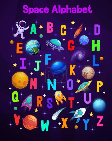 Illustration for Cartoon space alphabet. Vector childish colorful font, uppercase type with futuristic ufo saucer, astronaut and shuttles or rockets in galaxy with stars and nebula. Cute typeface, galactic abc letters - Royalty Free Image