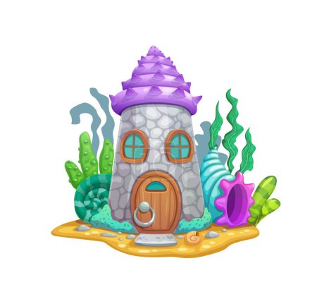 Illustration for Cartoon underwater stone tower fairy house. Vector fantasy dwelling of mermaid, underwater architecture construction, aquarium decorative element with windows, wooden door, shells and seaweeds - Royalty Free Image
