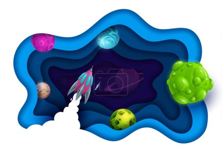 Téléchargez les illustrations : Space paper cut, rocket launch and galaxy space planets. Cartoon vector 3d wavy double exposition frame with spaceship takeoff into starry cosmos. Shuttle interstellar travel in Universe papercut art - en licence libre de droit