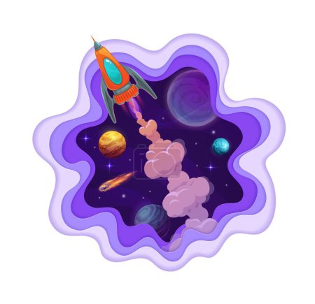 Illustration for Space rocket launch paper cut. Cartoon vector 3d wavy double exposition frame with spaceship takeoff into starry galaxy with planets, stars and asteroids. Shuttle travel in Galaxy or Universe papercut - Royalty Free Image